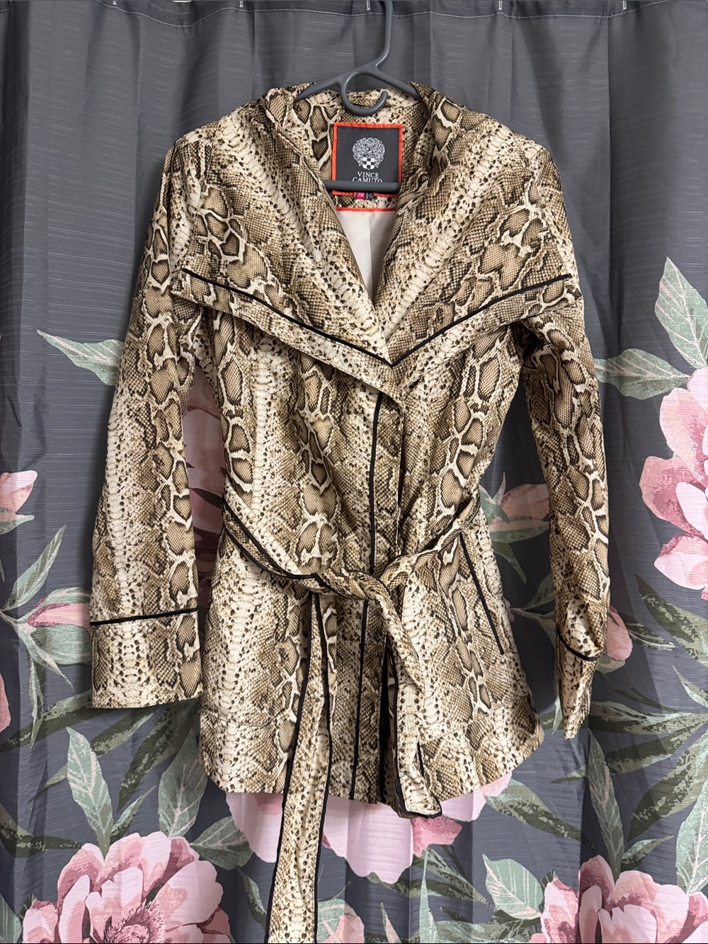 Vince Camuto Taupe Snake-Print Belted Trench Coat